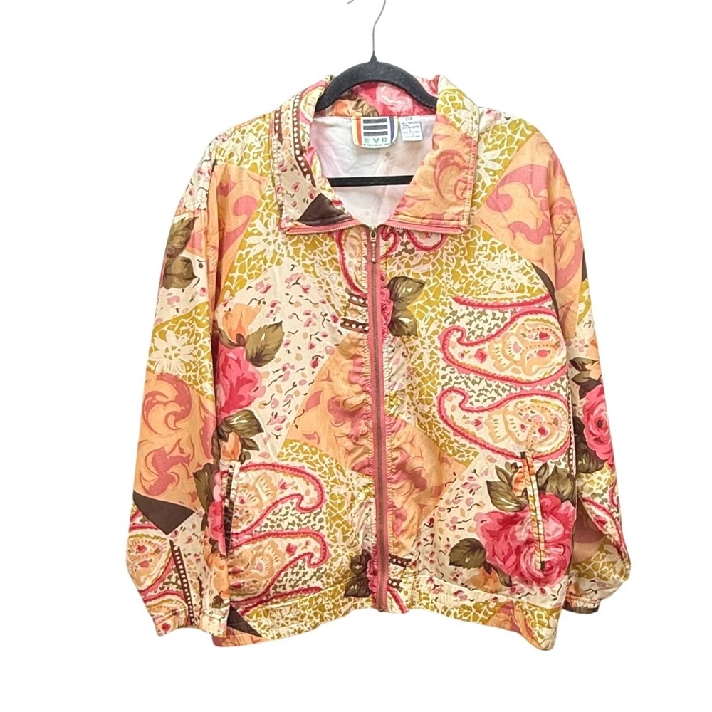 Vintage EVR‎ Silk Bomber Jacket Large Pink Floral Pastel Paisley 90s Windbreaker
